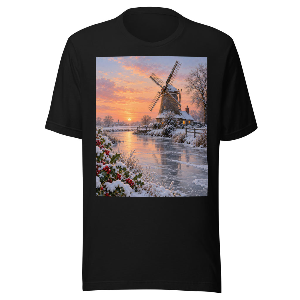 Verschneite Windmühle im Morgenlicht – T-Shirt – großer Frontdruck