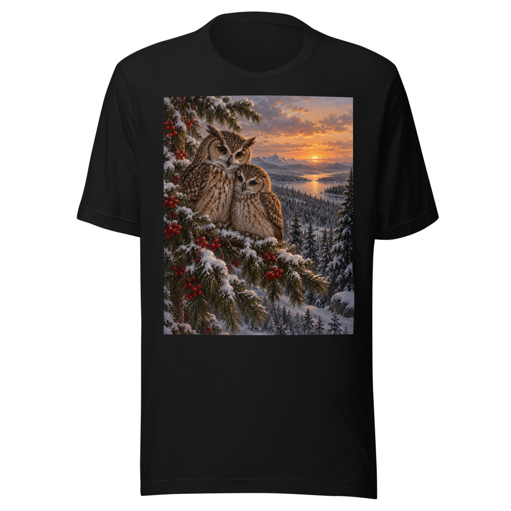 Wintereulen im Tannenwald – T-Shirt – großer Frontdruck