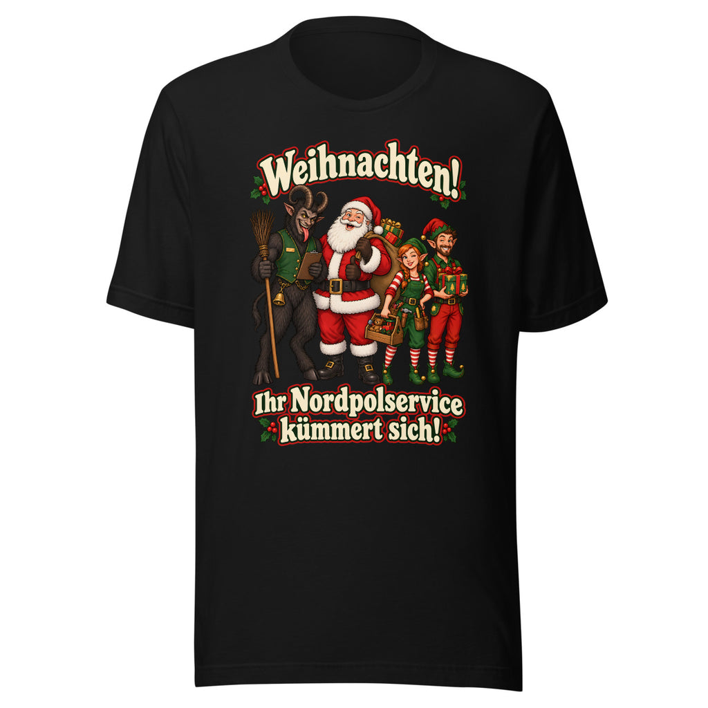 Weihnachten! Ihr Nordpolservice kümmert sich! – T-Shirt – großer Frontdruck