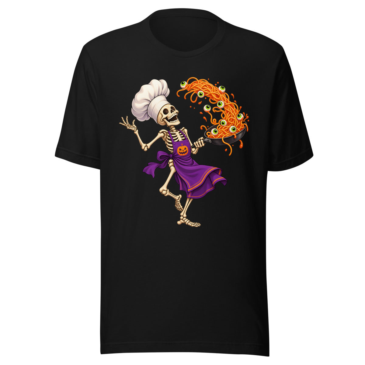 Skelettkoch mit Augenpasta – T-Shirt – großer Frontdruck