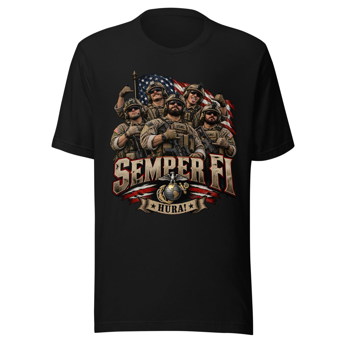 USMC Semper Fi Gruppe mit Flagge – T-Shirt – großer Frontdruck
