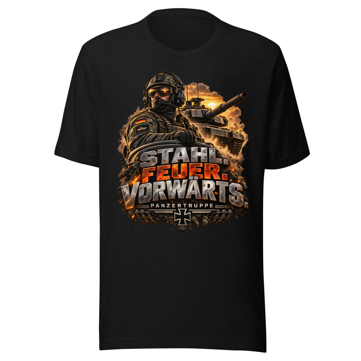 Stahl. Feuer. Vorwärts. Panzertruppe – T-Shirt – großer Frontdruck
