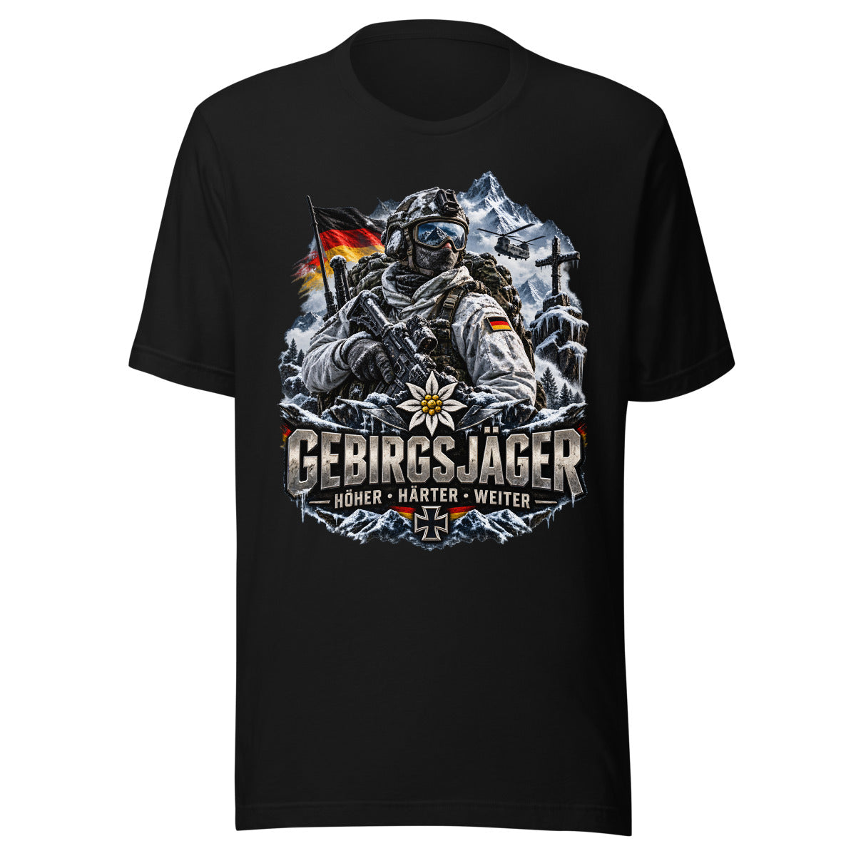 Gebirgsjäger Soldat im Schnee – T-Shirt – großer Frontdruck