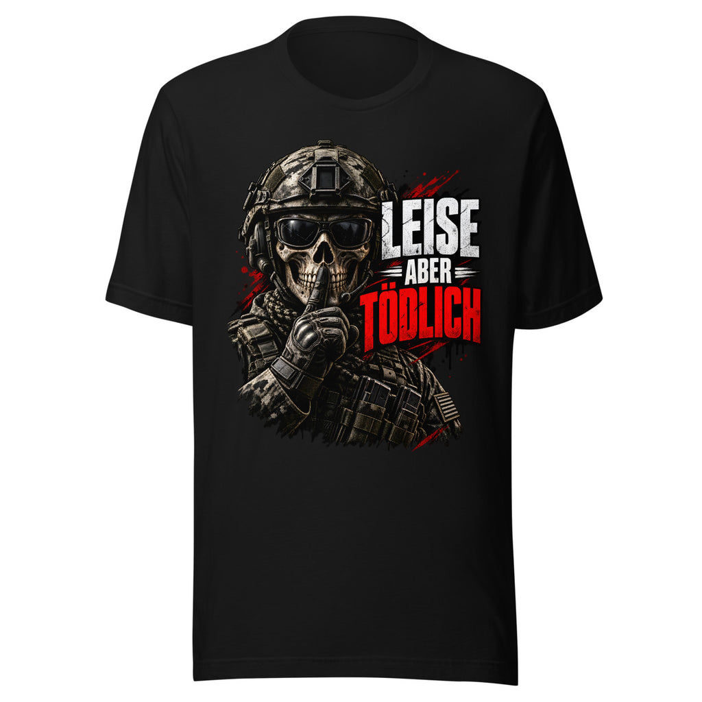 Soldat mit Totenschädel und Shushing-Geste – T-Shirt – großer Frontdruck