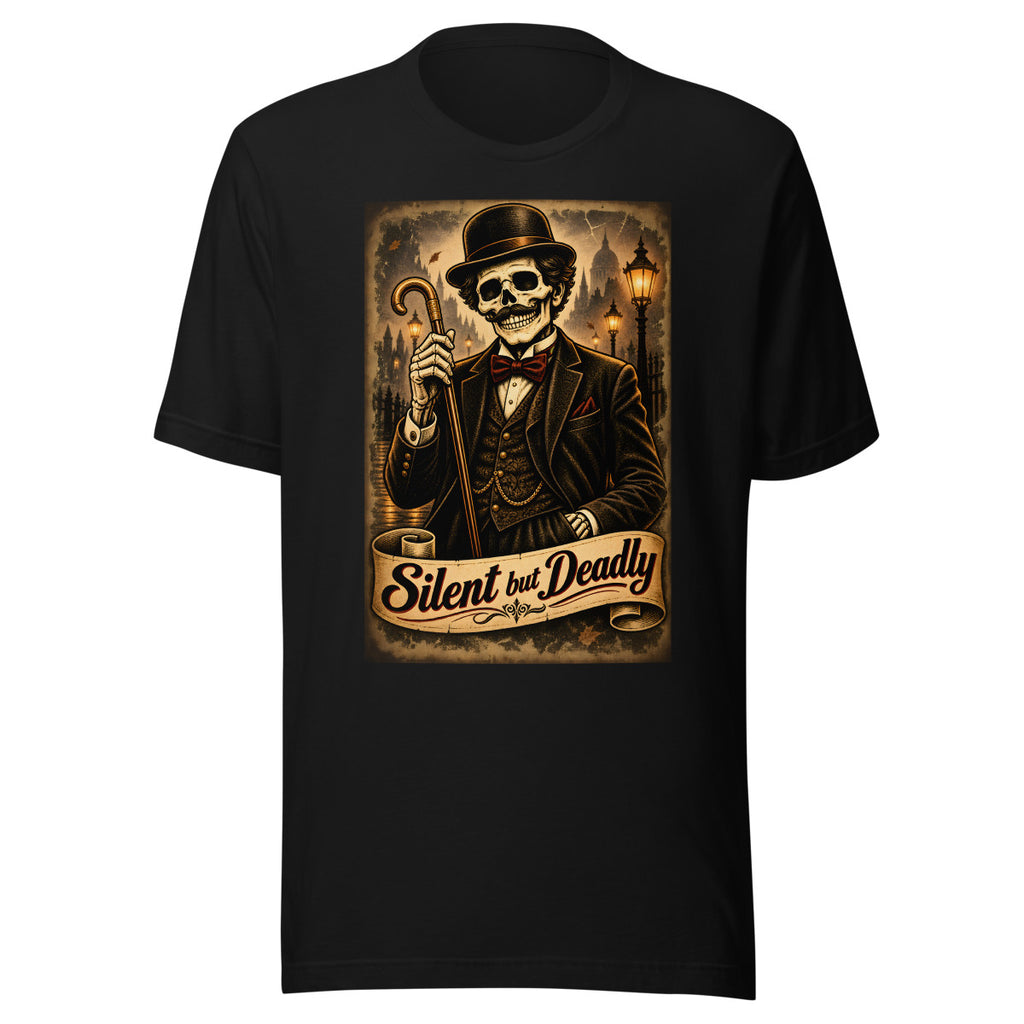 Skelett-Gentleman mit Zylinder und Gehstock – T-Shirt – großer Frontdruck