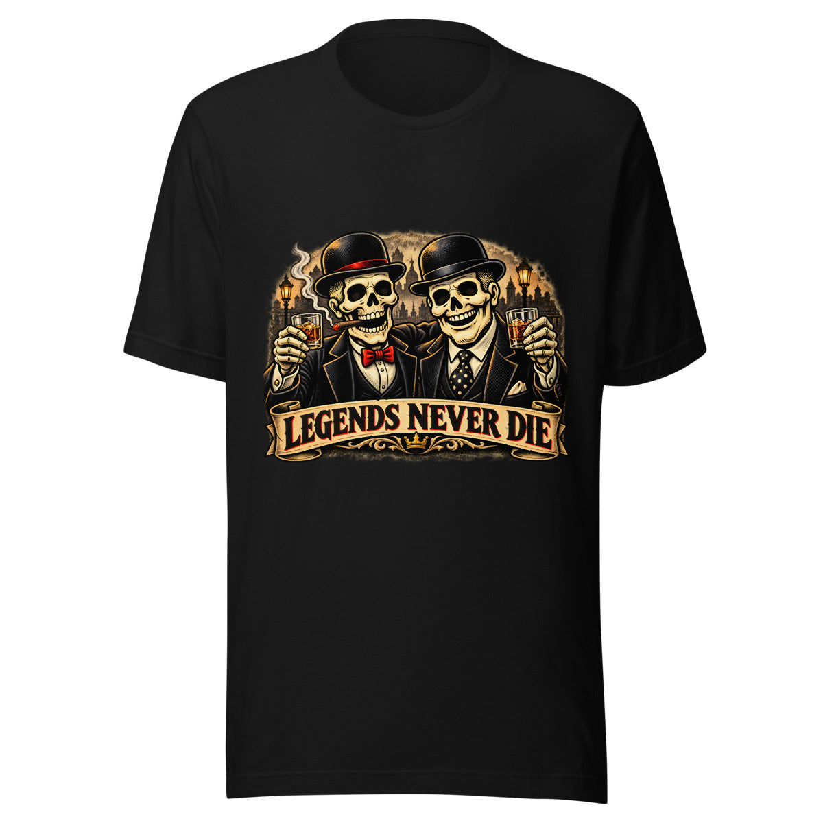 Legends Never Die mit Skelett-Anzug – T-Shirt – großer Frontdruck