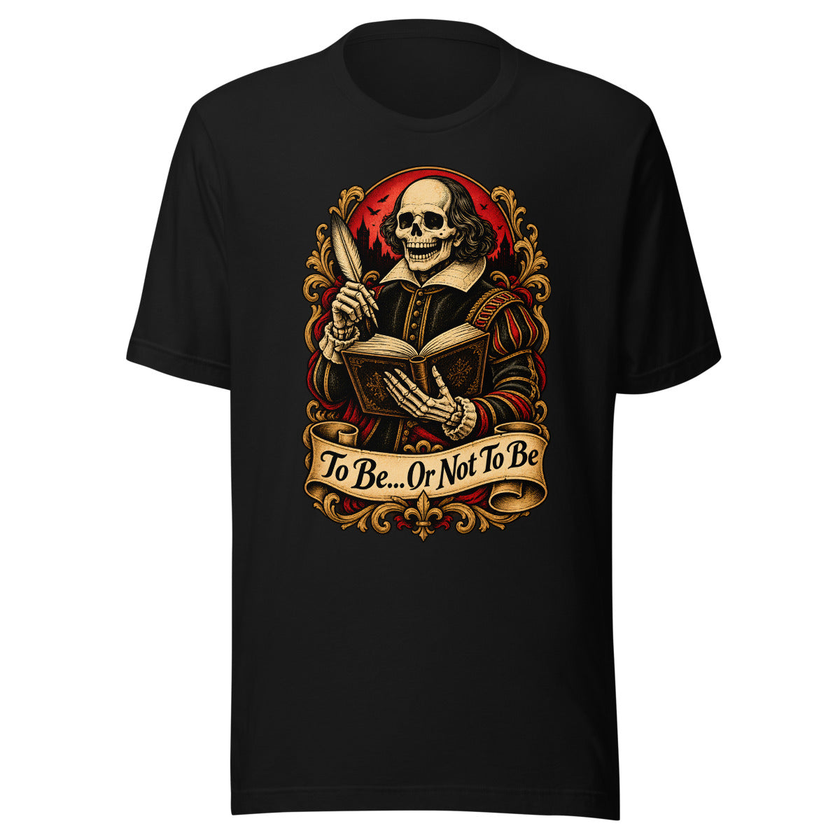 Skelett Shakespeare mit Feder und Buch – T-Shirt – großer Frontdruck
