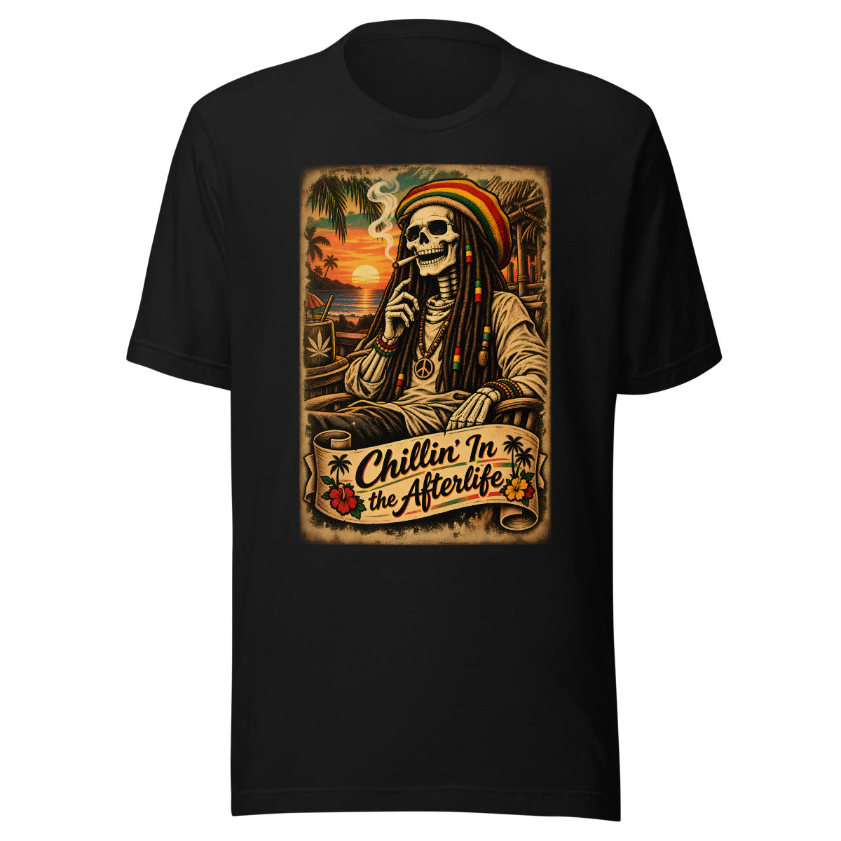 Skelett mit Rasta-Mütze am Strand – T-Shirt – großer Frontdruck
