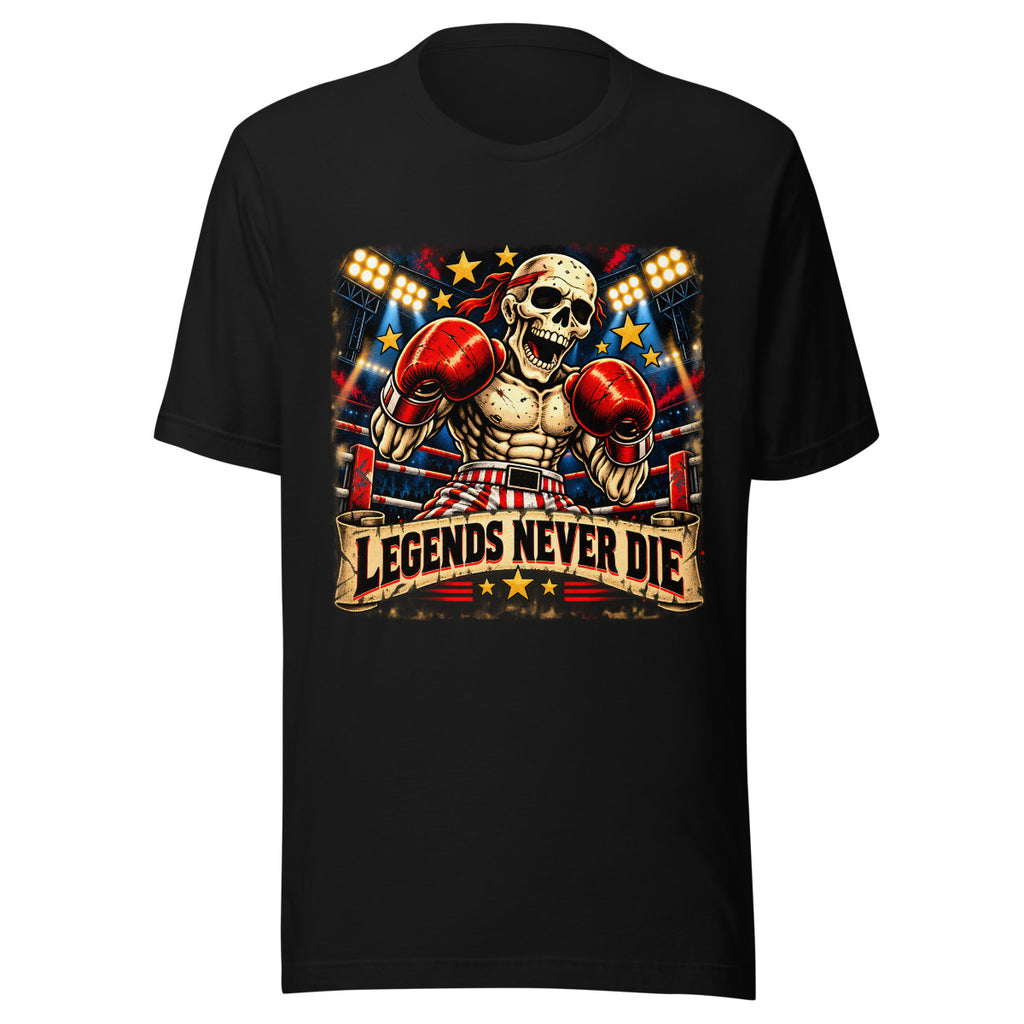 Boxskelett mit Schriftzug "Legends Never Die" – T-Shirt – großer Frontdruck