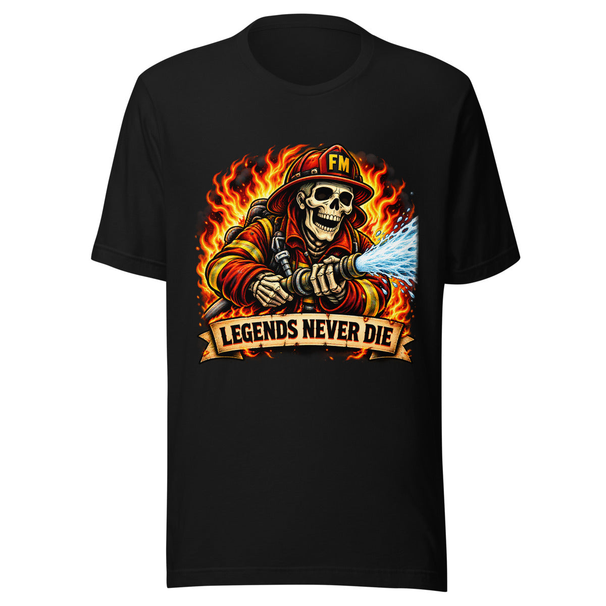 Feuerwehr-Skelett mit Schriftzug "Legends Never Die" – T-Shirt – großer Frontdruck