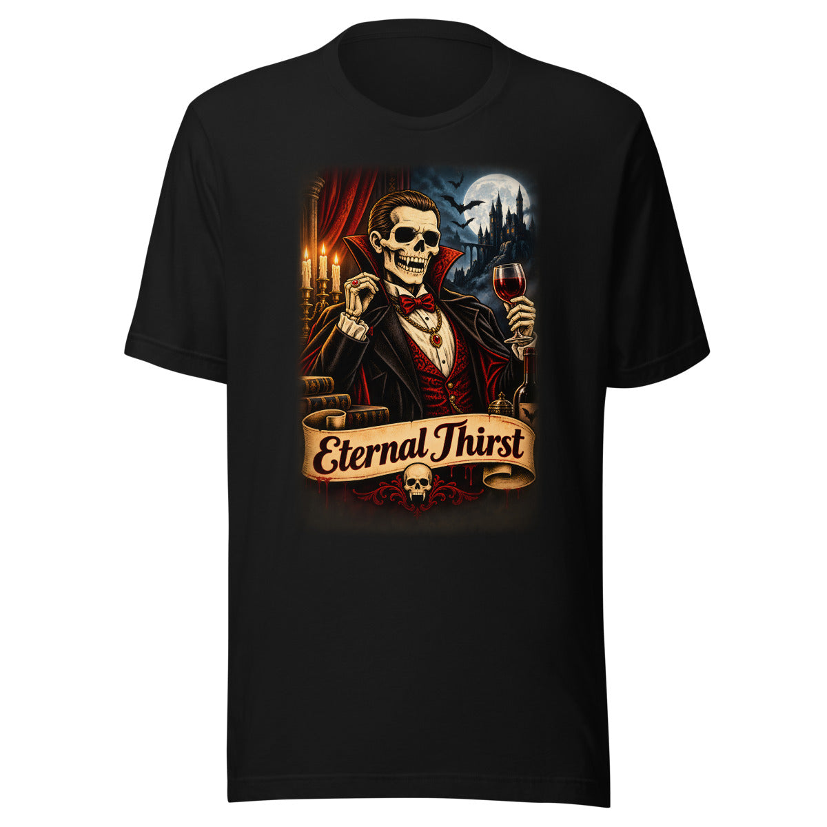 Vampir-Skelett mit Rotweinglas – T-Shirt – großer Frontdruck