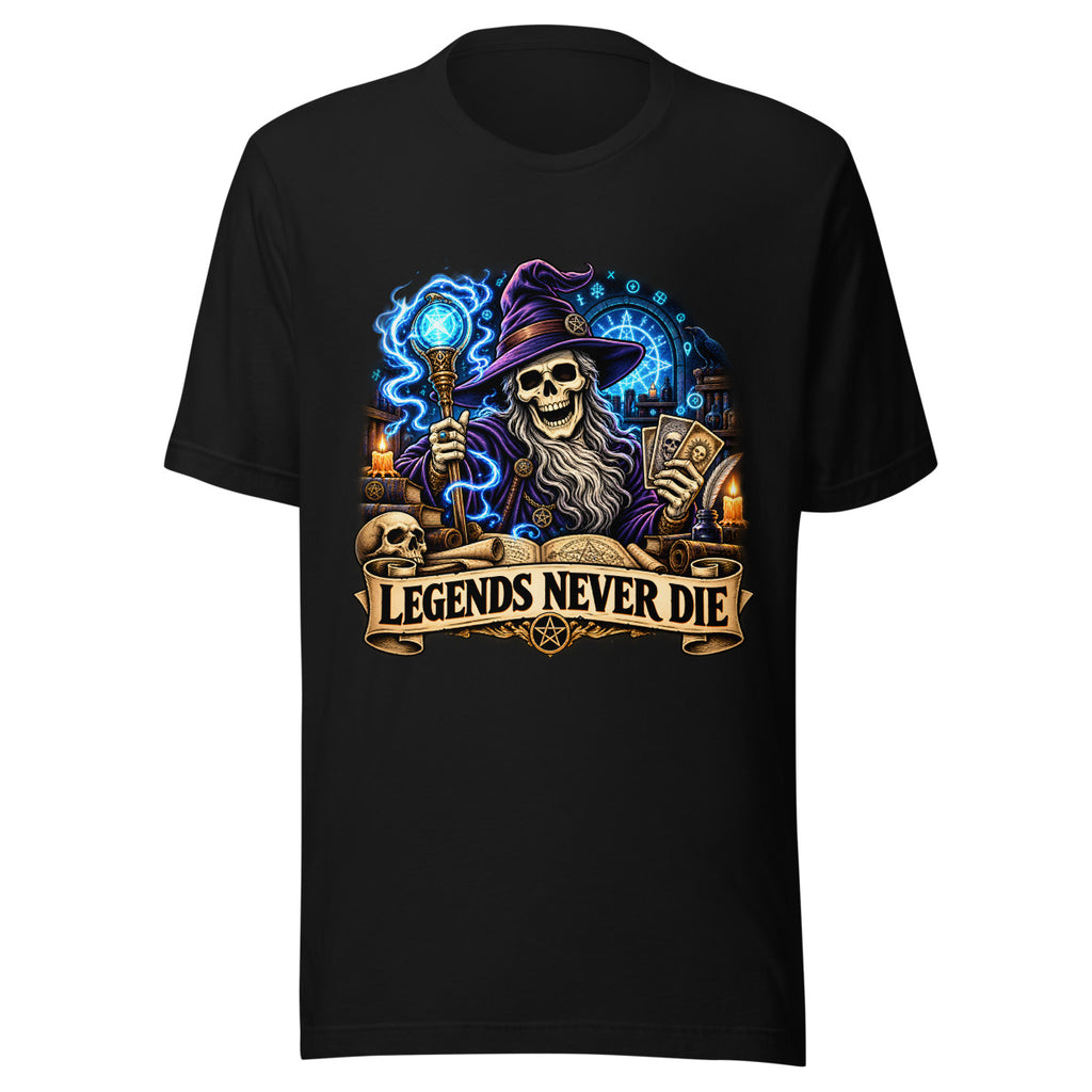 Skelett-Zauberer mit Schriftzug "Legends Never Die" – T-Shirt – großer Frontdruck
