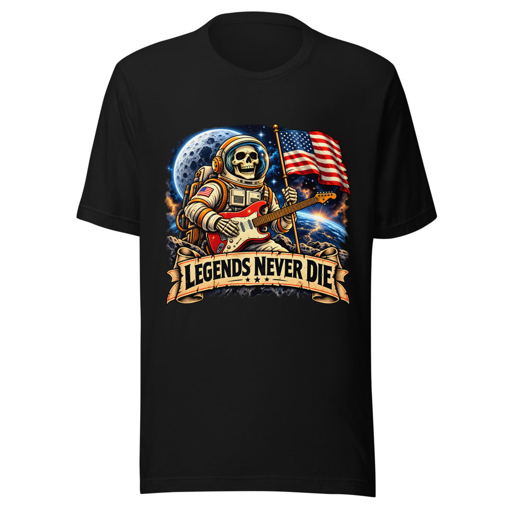 Legends Never Die - Astronaut mit Skelett und Gitarre – T-Shirt – großer Frontdruck