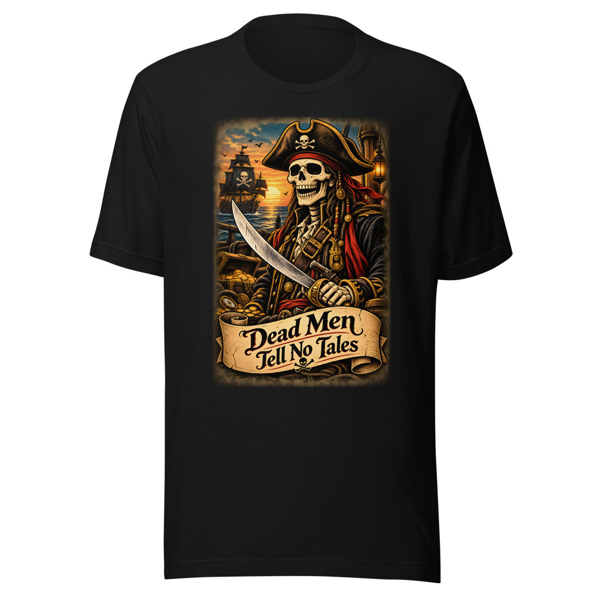 Piraten-Skelett mit Schriftzug "Dead Men Tell No Tales" – T-Shirt – großer Frontdruck