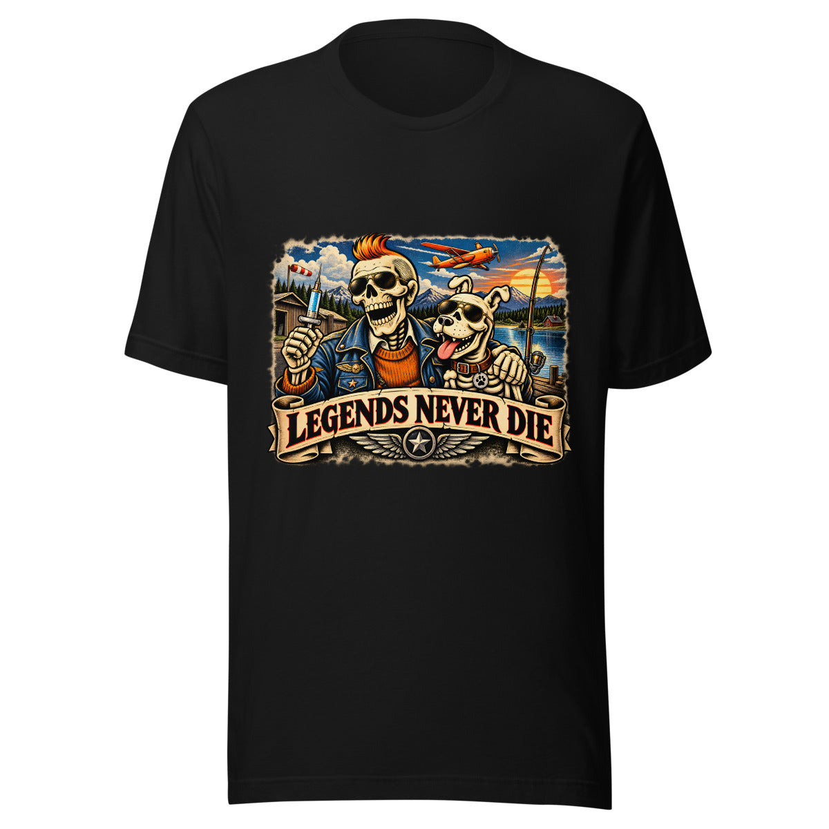 Legends Never Die mit Skelett und Hund – T-Shirt – großer Frontdruck