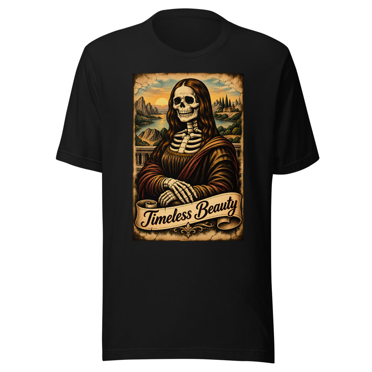 Skelett Mona Lisa - Timeless Beauty – T-Shirt – großer Frontdruck