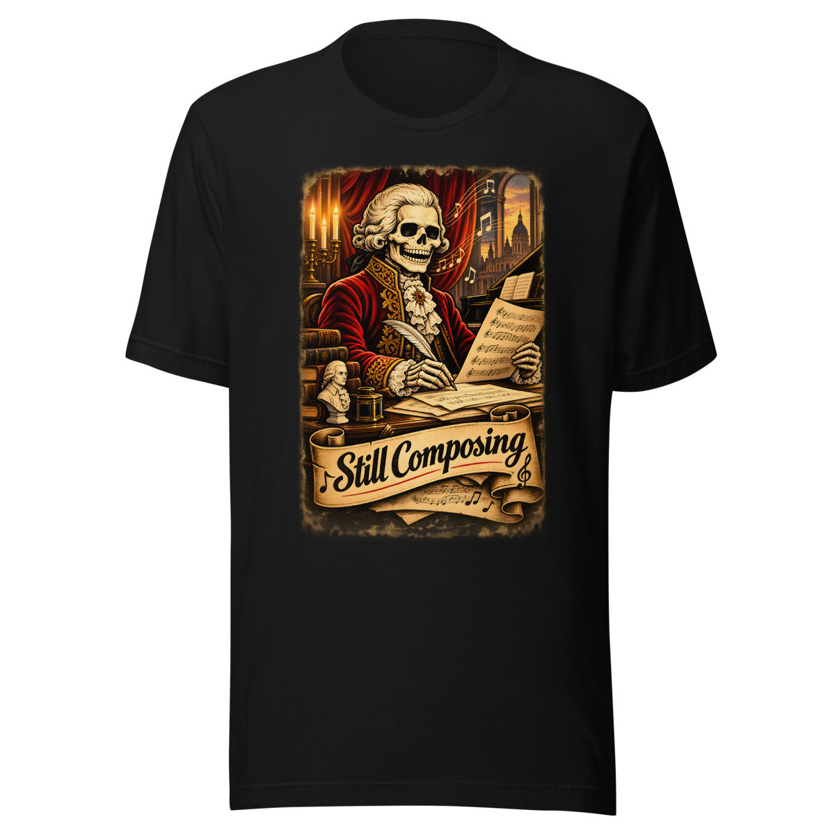 Skelett-Komponist "Still Composing" – T-Shirt – großer Frontdruck