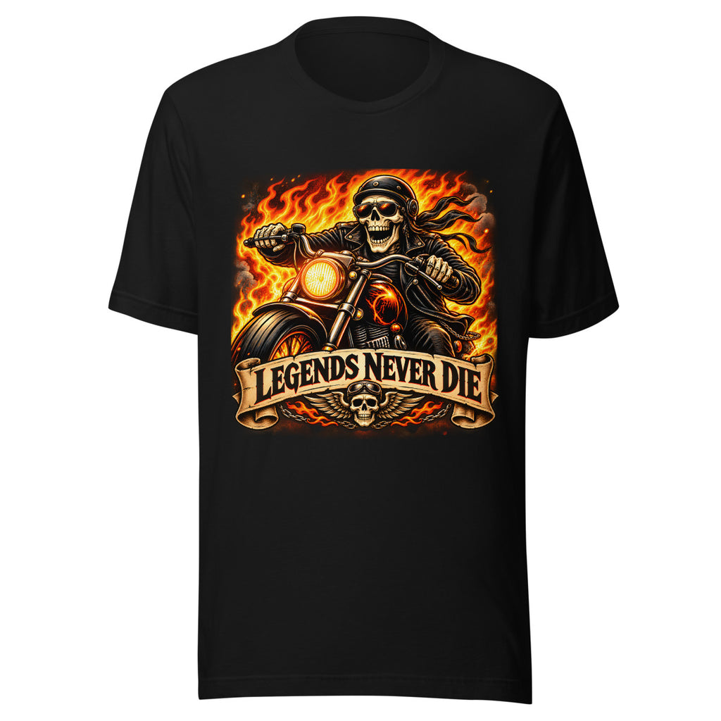 Skelett-Biker mit Flammen und Schriftzug – T-Shirt – großer Frontdruck