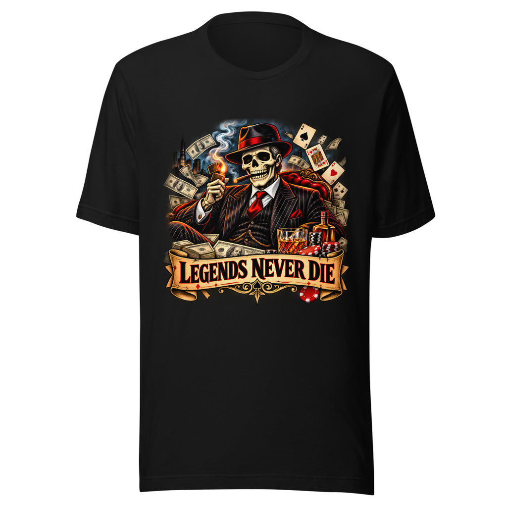 Skelett-Gangster mit Zigarre und Schriftzug – T-Shirt – großer Frontdruck