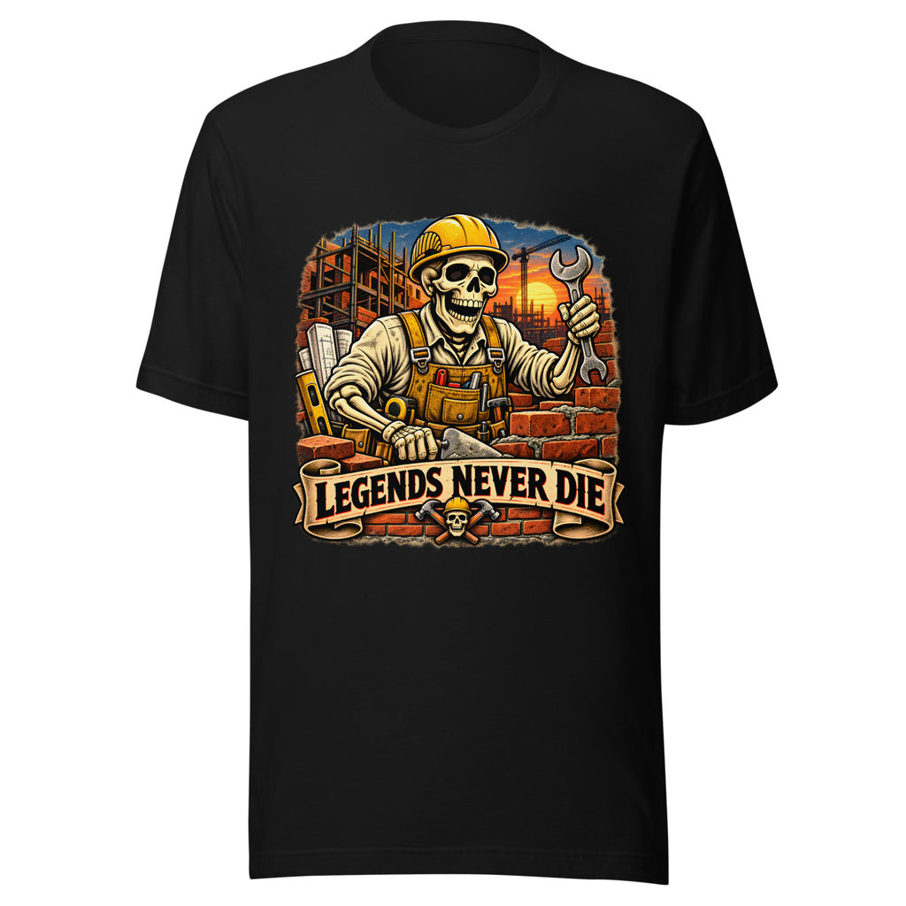 Skelett-Bauarbeiter mit Schriftzug "Legends Never Die" – T-Shirt – großer Frontdruck