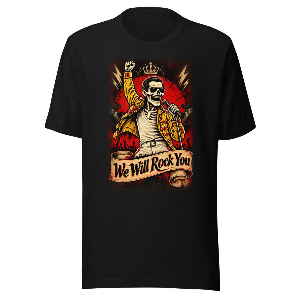 Skelett-Rocksänger mit Krone und Mikrofon – T-Shirt – großer Frontdruck