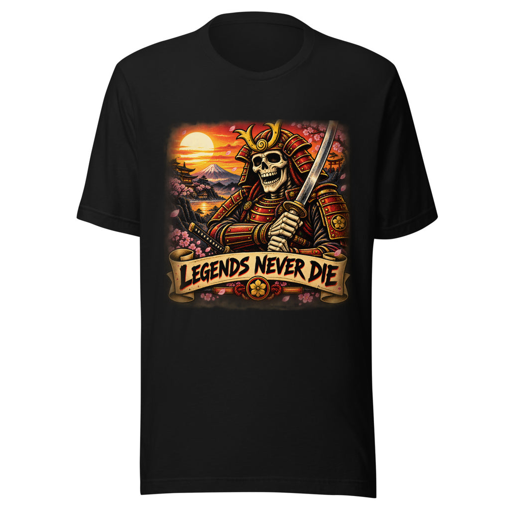 Skelett-Samurai mit Schriftzug "Legends Never Die" – T-Shirt – großer Frontdruck