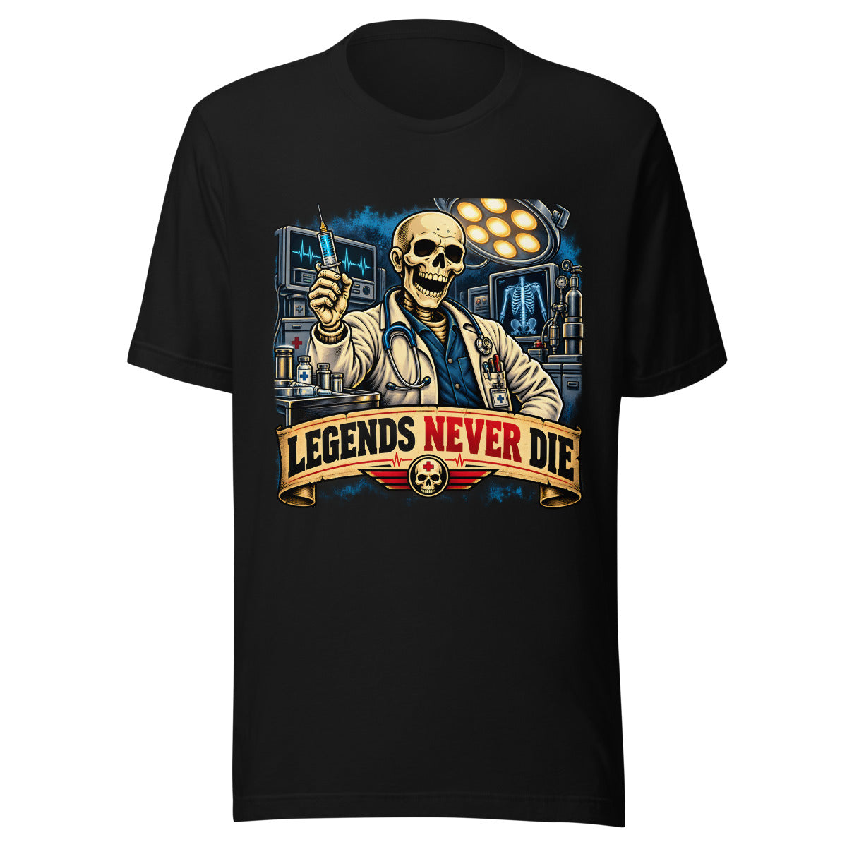 Skelett-Arzt mit Spritze und Schriftzug – T-Shirt – großer Frontdruck