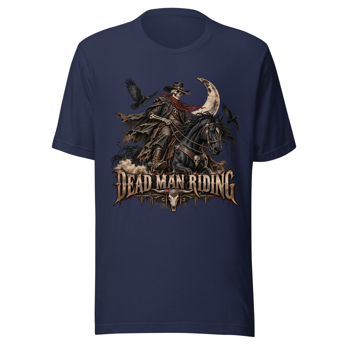 Unisex T-Shirt in Navy, Vorderansicht mit Frontprint: Dead Man Riding.