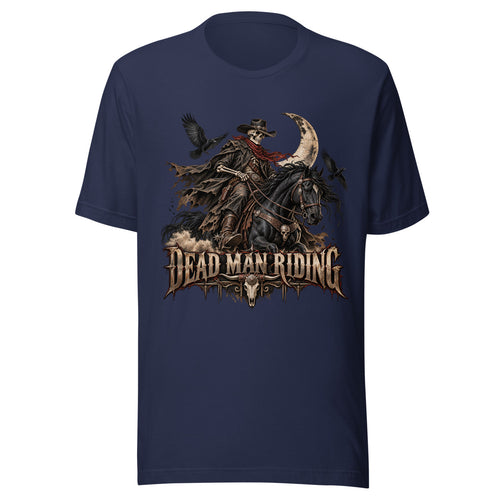 Unisex T-Shirt in Navy, Vorderansicht mit Frontprint: Dead Man Riding.