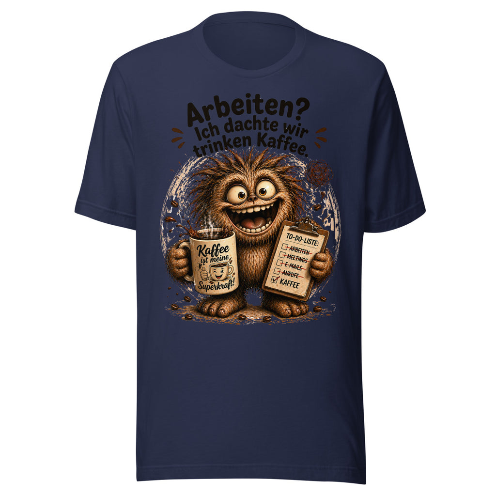 Unisex T-Shirt in Navy, Vorderansicht mit Frontprint: Kaffee-Monster mit To-Do-Liste.