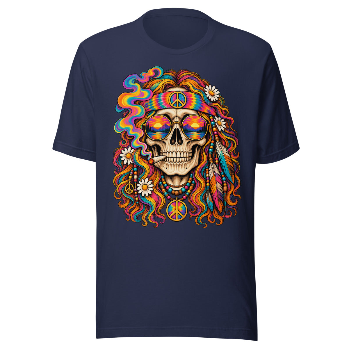 Unisex T-Shirt in Navy, Vorderansicht mit Frontprint: Hippie Totenkopf mit Peace-Zeichen.