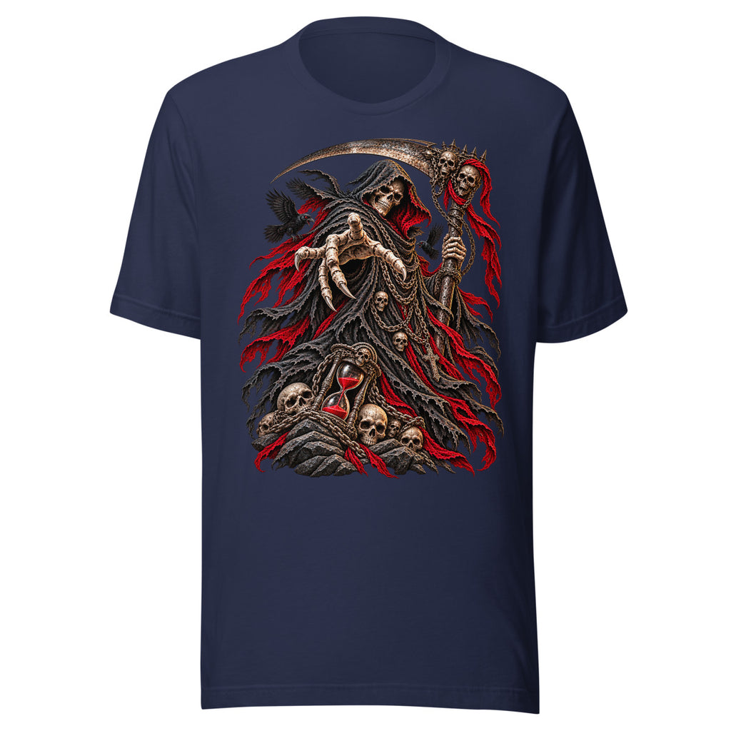 Unisex T-Shirt in Navy, Vorderansicht mit Frontprint: Sensenmann mit Sanduhr und Krähen.