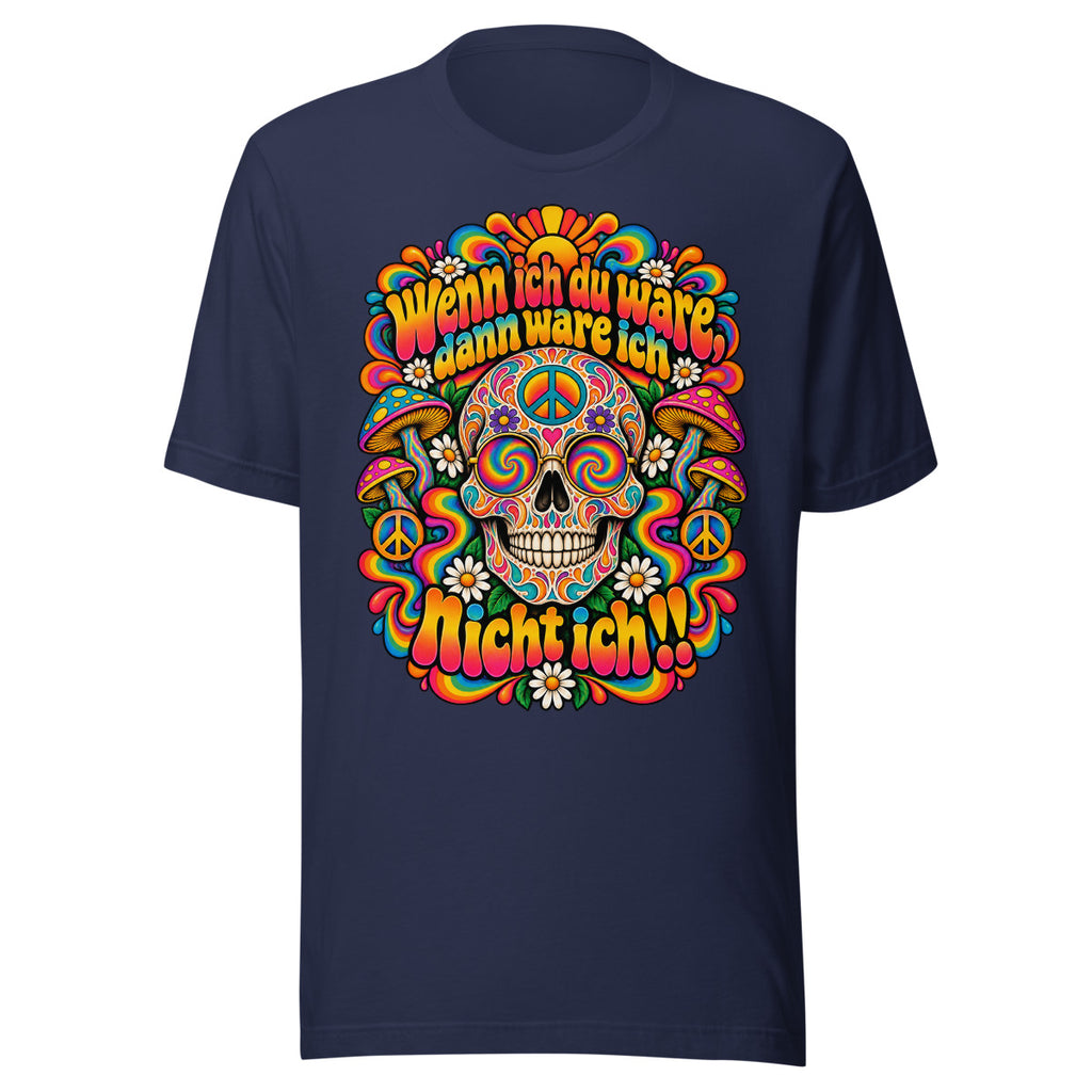 Unisex T-Shirt in Navy, Vorderansicht mit Frontprint: Psychedelischer Totenkopf mit Friedenssymbolen und Pilzen.