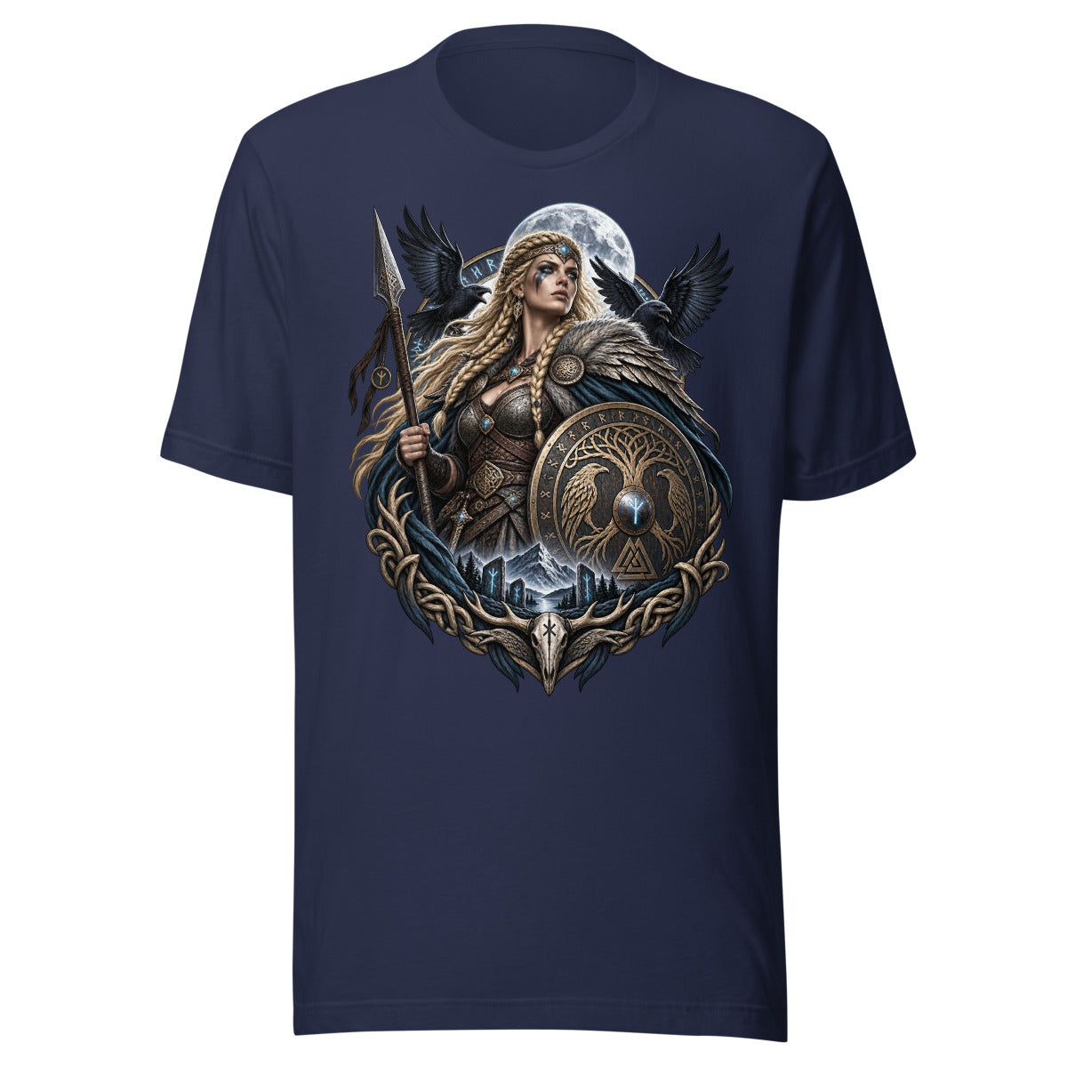 Unisex T-Shirt in Navy, Vorderansicht mit Frontprint: Wikinger-Kriegerin mit Schild, Speer und Raben.