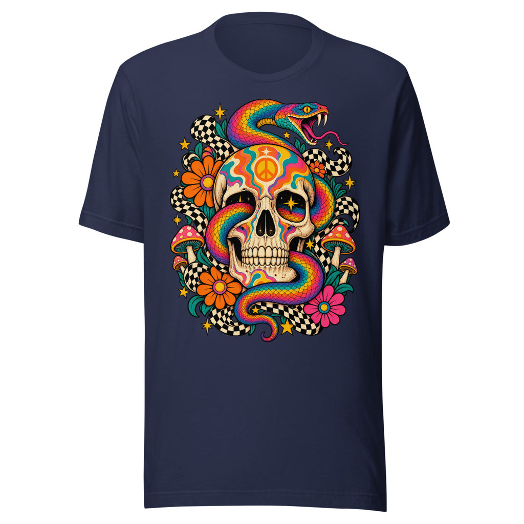 Unisex T-Shirt in Navy, Vorderansicht mit Frontprint: Psychedelischer Totenkopf mit Schlange.