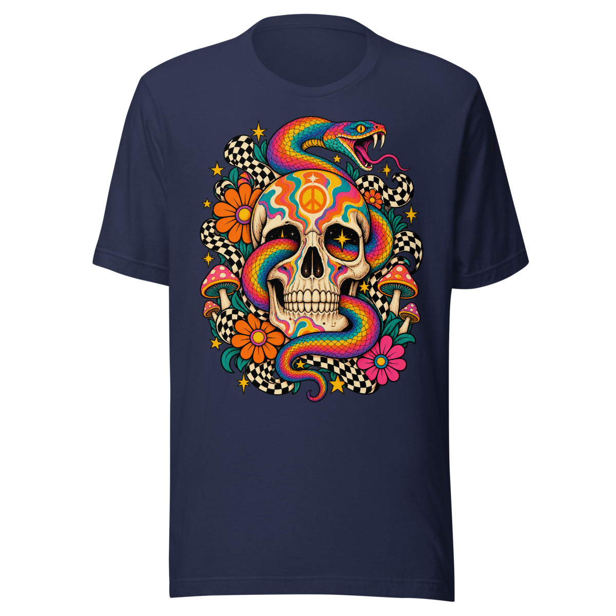 Unisex T-Shirt in Navy, Vorderansicht mit Frontprint: Psychedelischer Totenkopf mit Schlange.