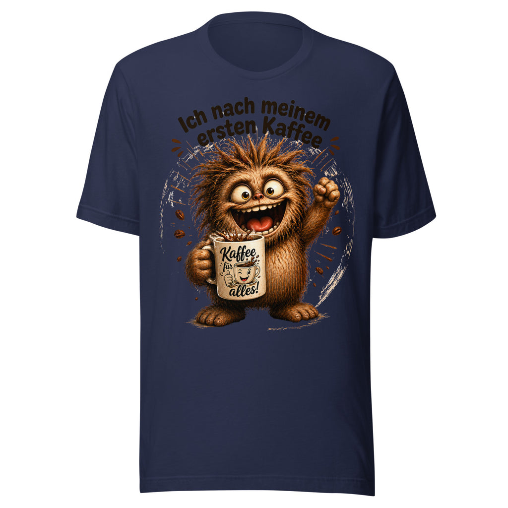 Unisex T-Shirt in Navy, Vorderansicht mit Frontprint: Kaffee-Monster mit erster Tasse.