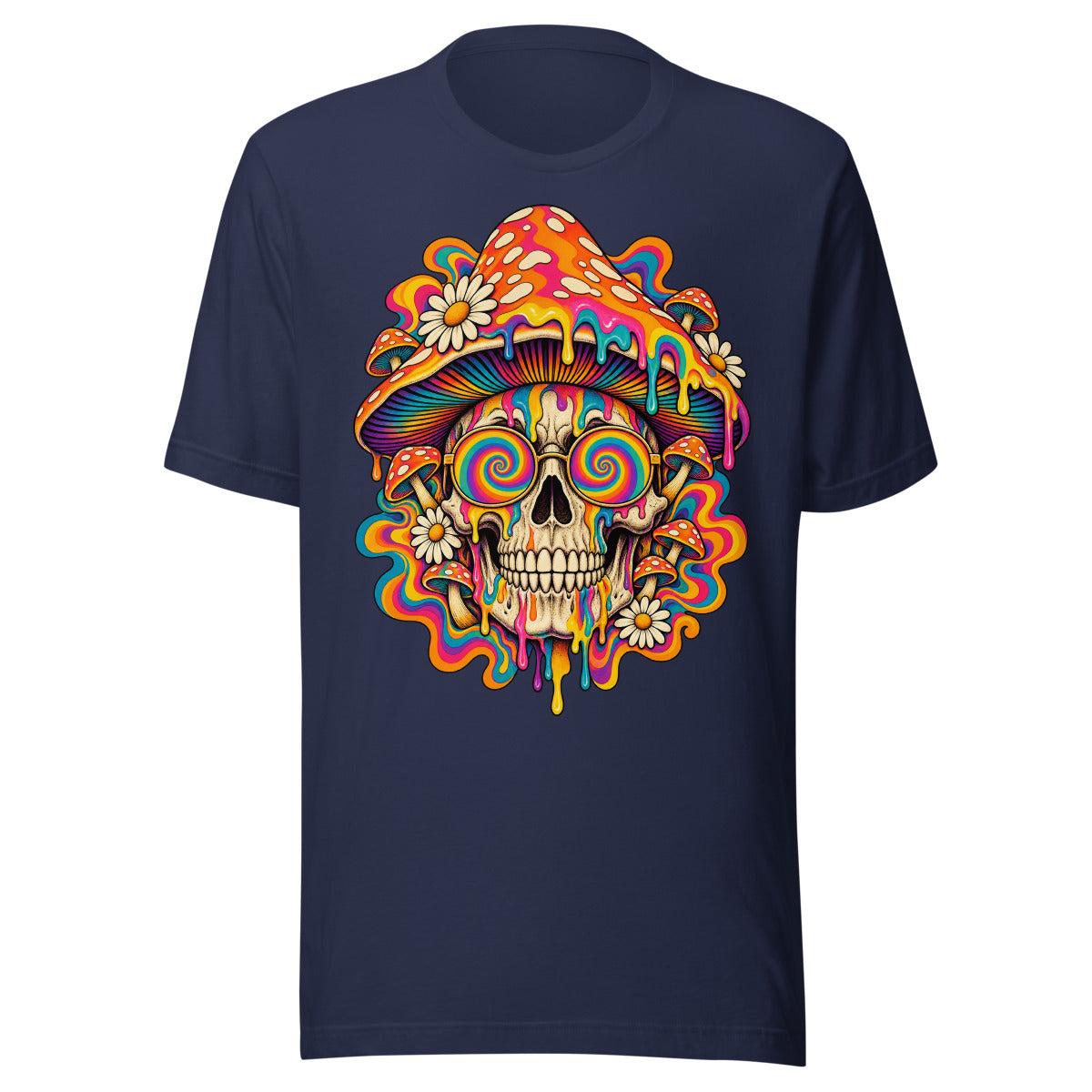 Unisex T-Shirt in Navy, Vorderansicht mit Frontprint: Psychedelischer Totenkopf mit Pilzhut.