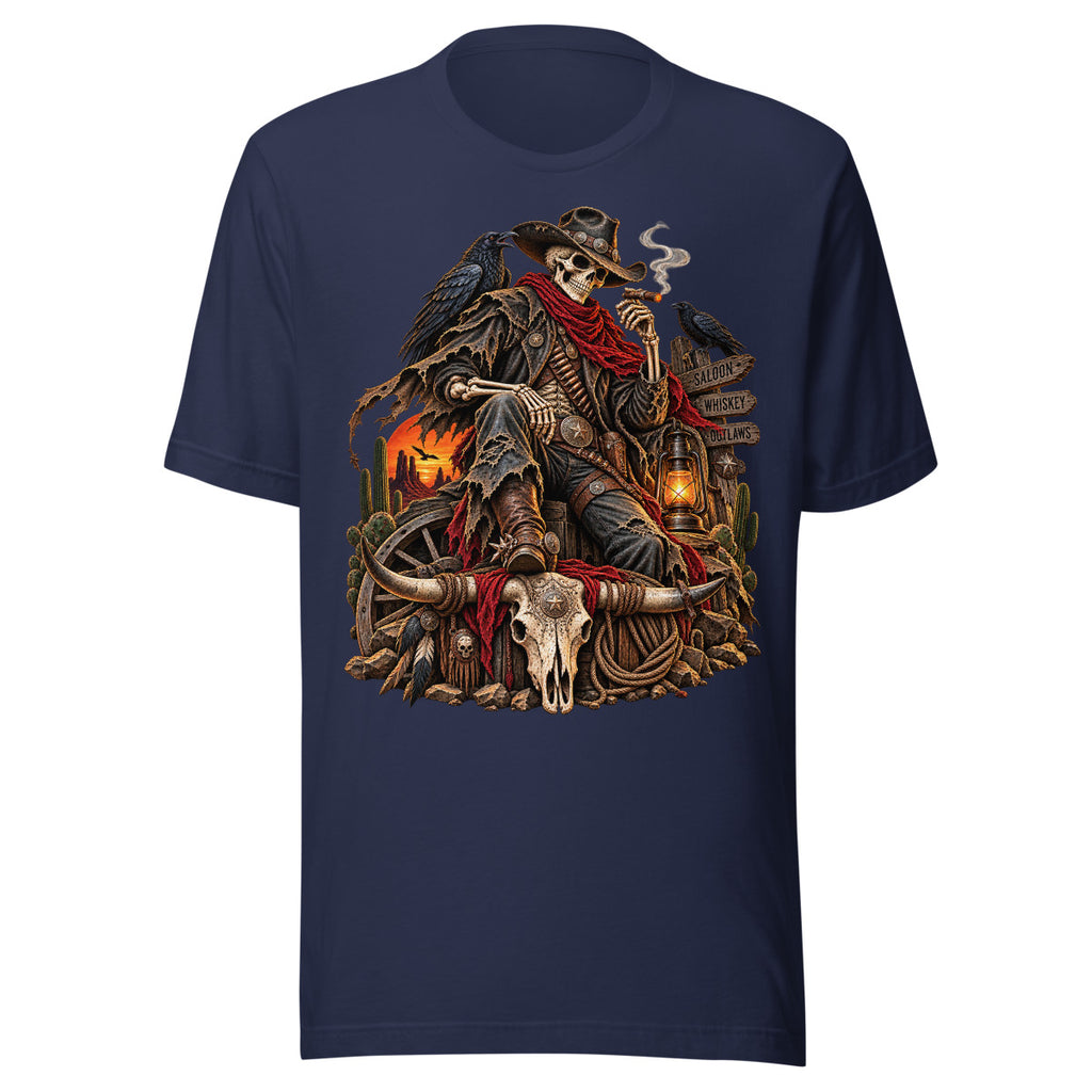 Unisex T-Shirt in Navy, Vorderansicht mit Frontprint: Skelett Cowboy im Westernstil.