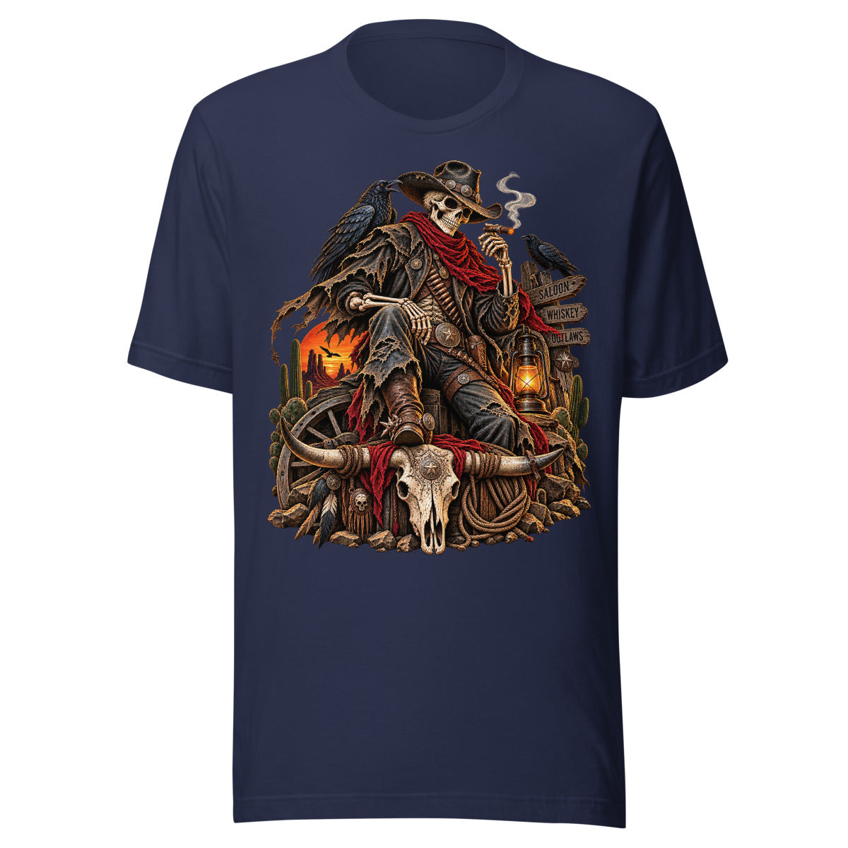Unisex T-Shirt in Navy, Vorderansicht mit Frontprint: Skelett Cowboy im Westernstil.