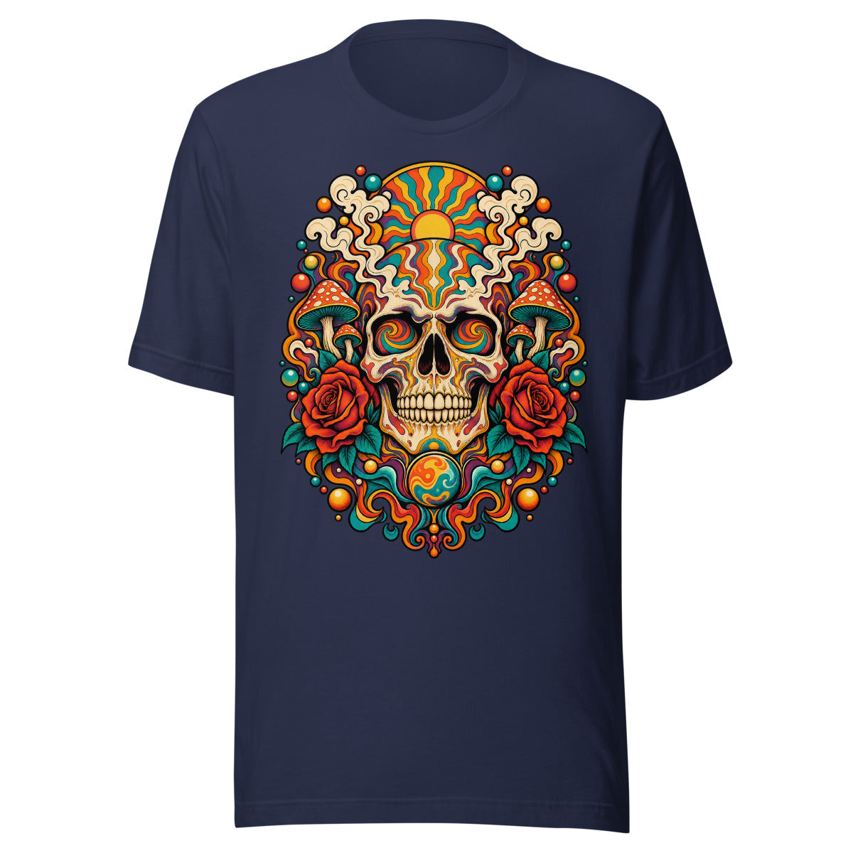 Unisex T-Shirt in Navy, Vorderansicht mit Frontprint: Psychedelischer Totenkopf mit Rosen und Pilzen.