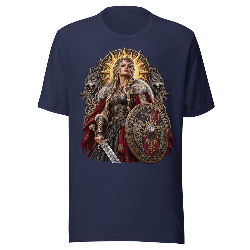 Unisex T-Shirt in Navy, Vorderansicht mit Frontprint: Wikinger-Kriegerkönigin mit Schild und Schwert.