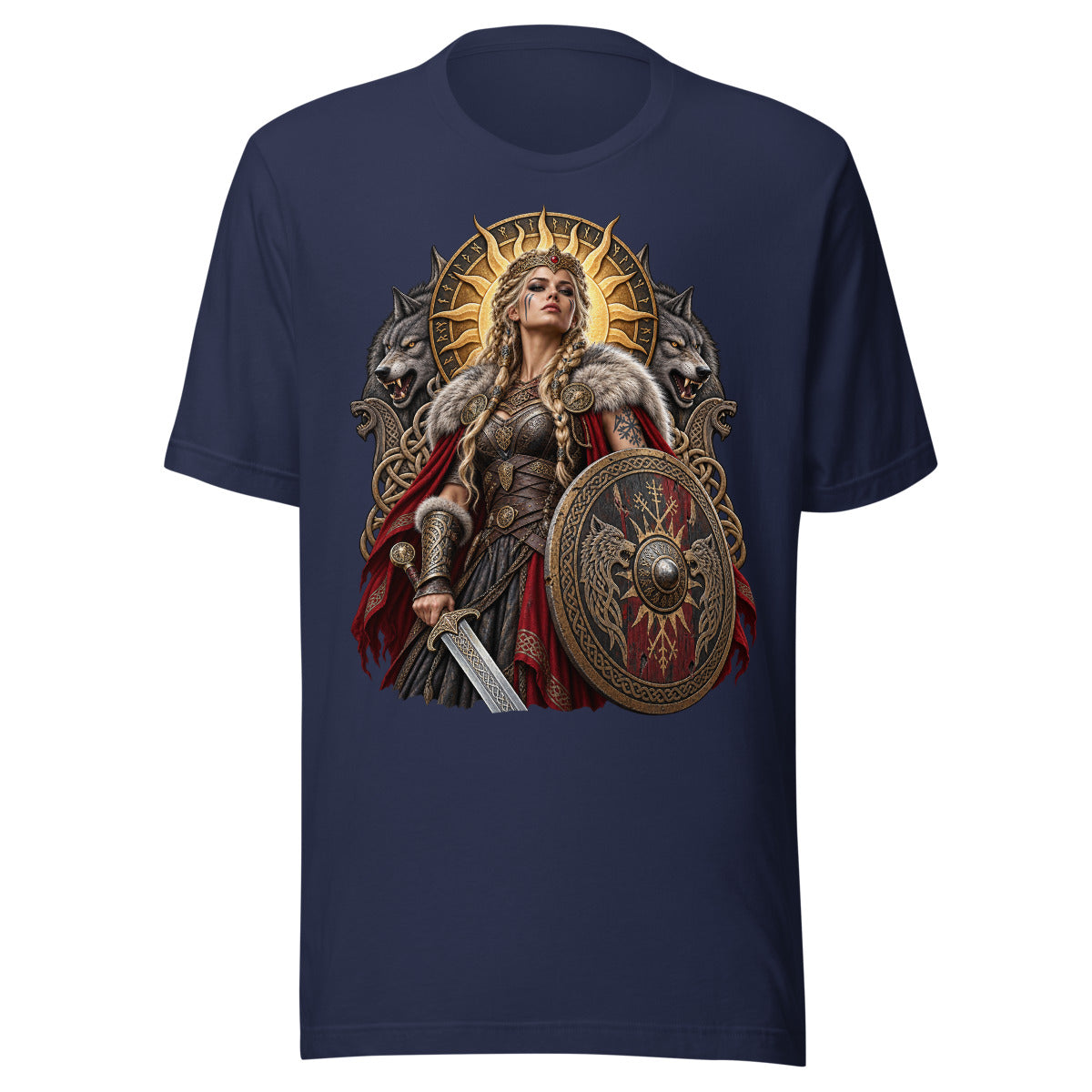 Unisex T-Shirt in Navy, Vorderansicht mit Frontprint: Wikinger-Kriegerkönigin mit Schild und Schwert.