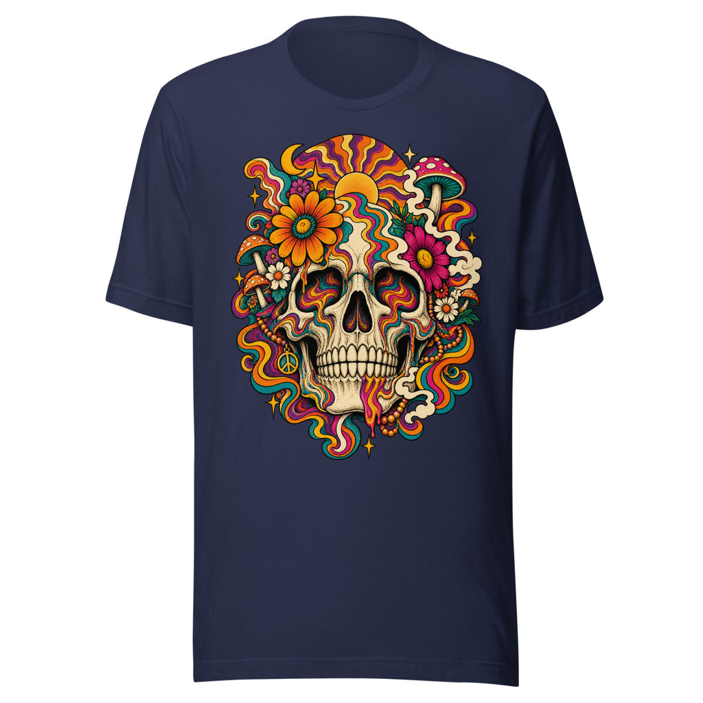 Unisex T-Shirt in Navy, Vorderansicht mit Frontprint: Psychedelischer Totenkopf mit Blumen und Pilzen.