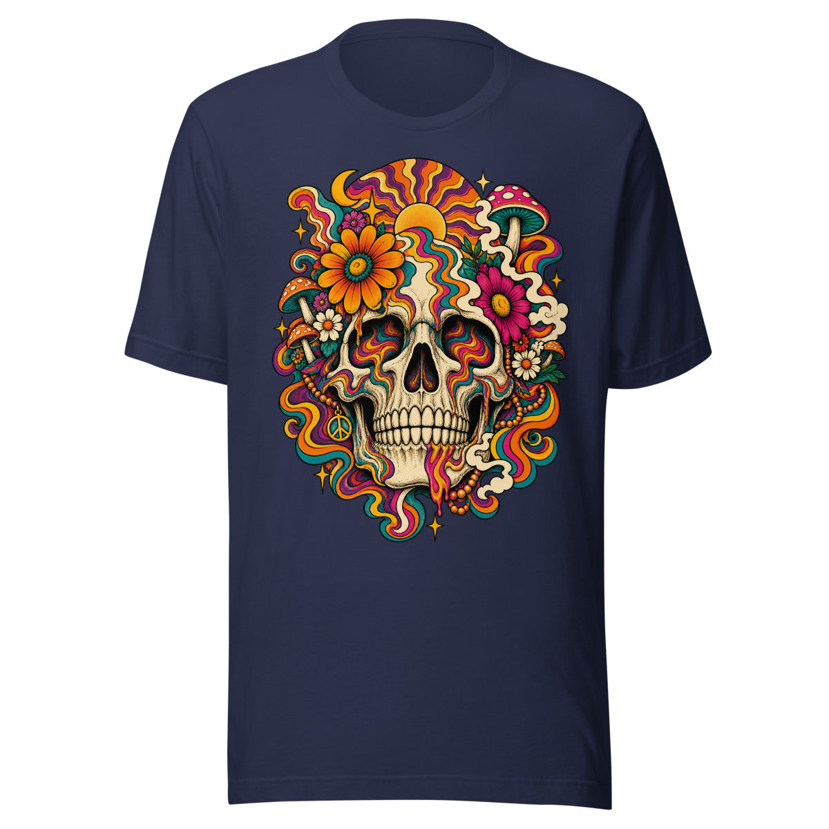 Unisex T-Shirt in Navy, Vorderansicht mit Frontprint: Psychedelischer Totenkopf mit Blumen und Pilzen.
