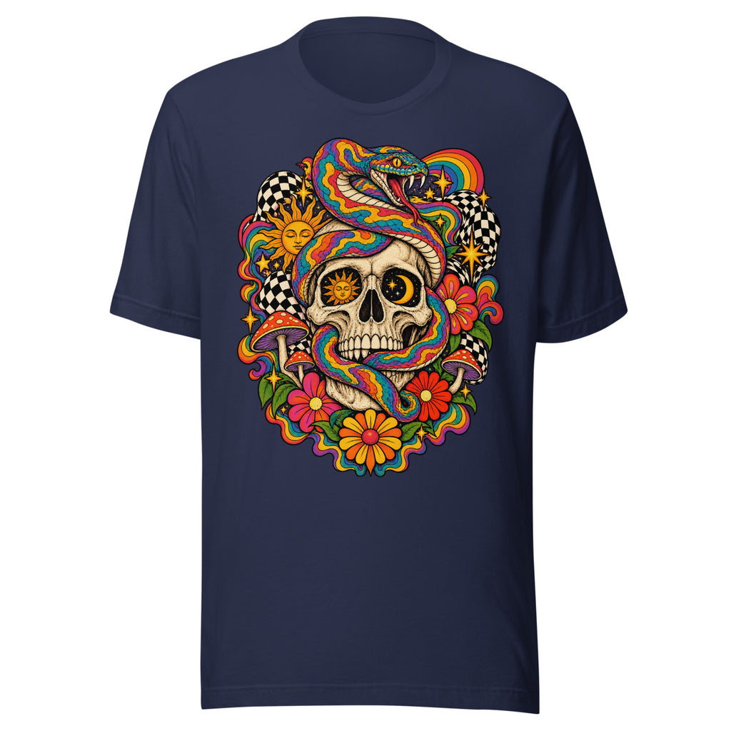Unisex T-Shirt in Navy, Vorderansicht mit Frontprint: Schädel mit bunter Schlange und Pilzen.