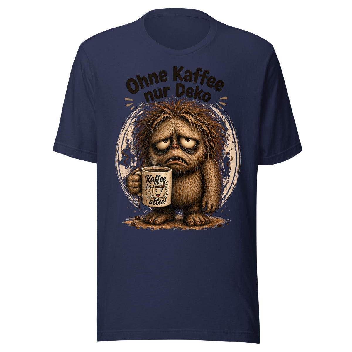 Unisex T-Shirt in Navy, Vorderansicht mit Frontprint: Kaffee-Muffel Monster mit Tasse.
