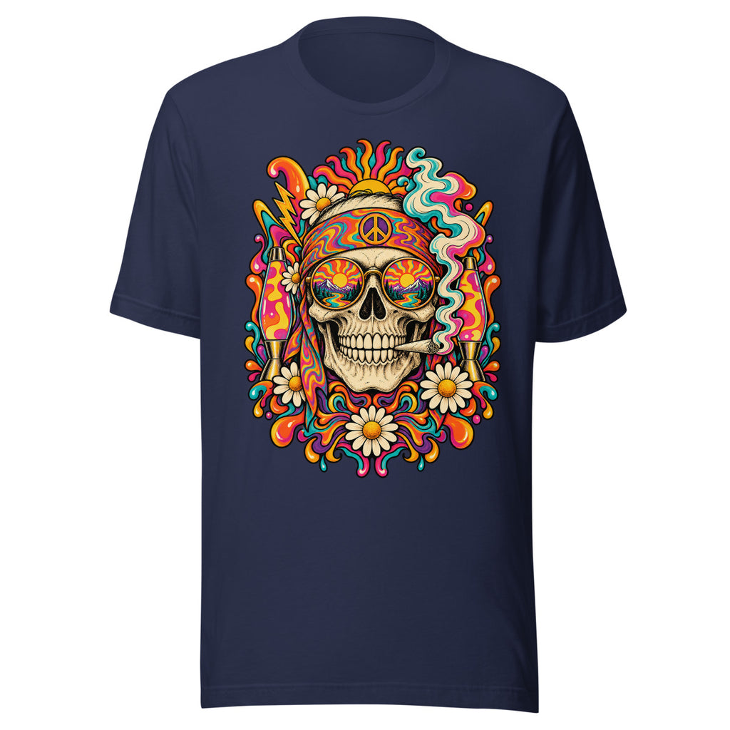 Unisex T-Shirt in Navy, Vorderansicht mit Frontprint: Psychedelischer Totenkopf mit Sonne und Lavalampe.