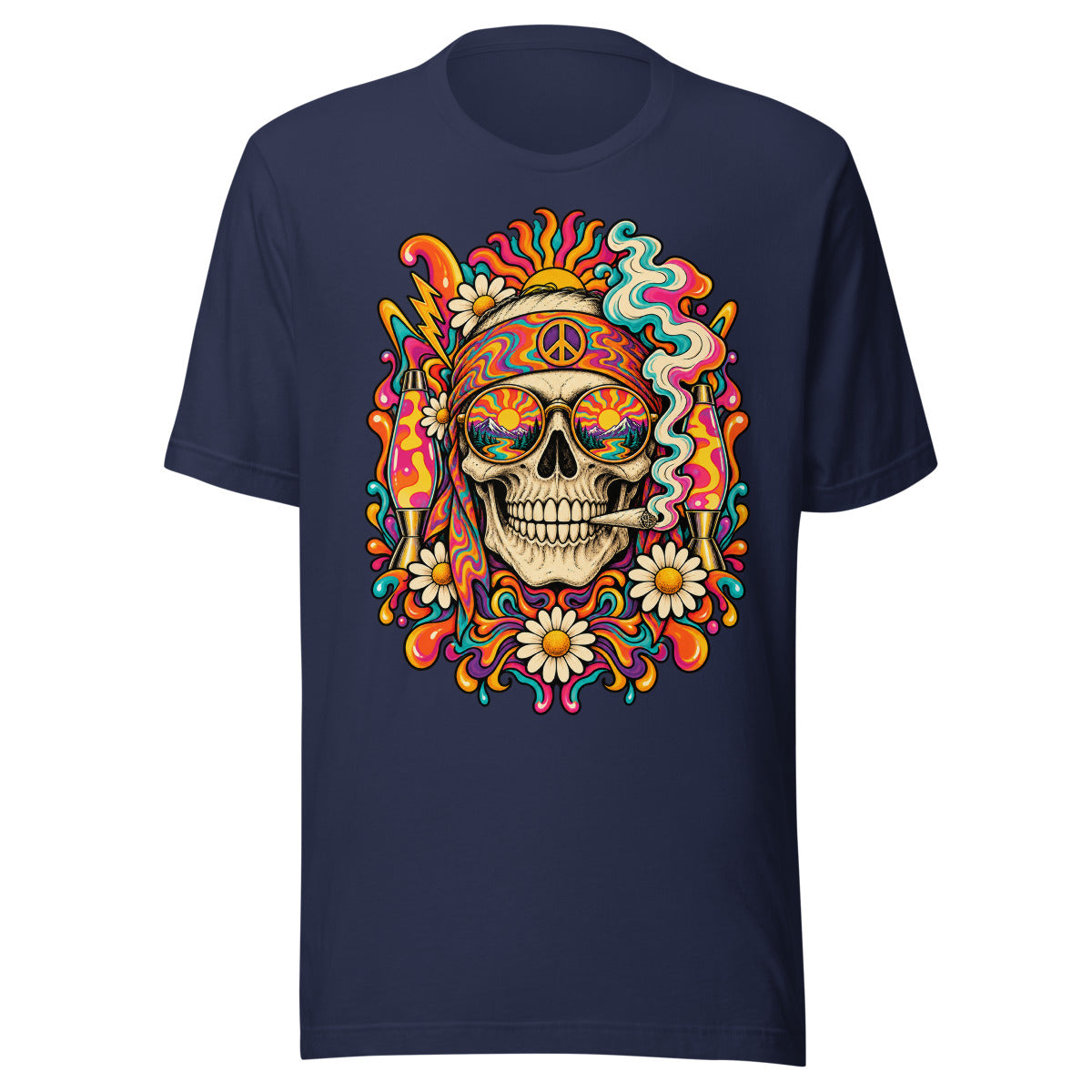 Unisex T-Shirt in Navy, Vorderansicht mit Frontprint: Psychedelischer Totenkopf mit Sonne und Lavalampe.