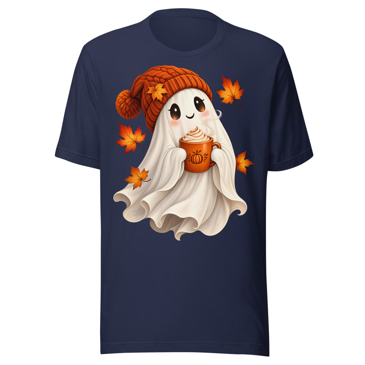 Ein fröhlicher Geist mit großen Augen und orangefarbener Strickmütze hält eine dampfende Tasse mit Kürbis-Motiv, umgeben von orangefarbenen Ahornblättern. – Unisex Staple T-Shirt | Bella + Canvas 3001
